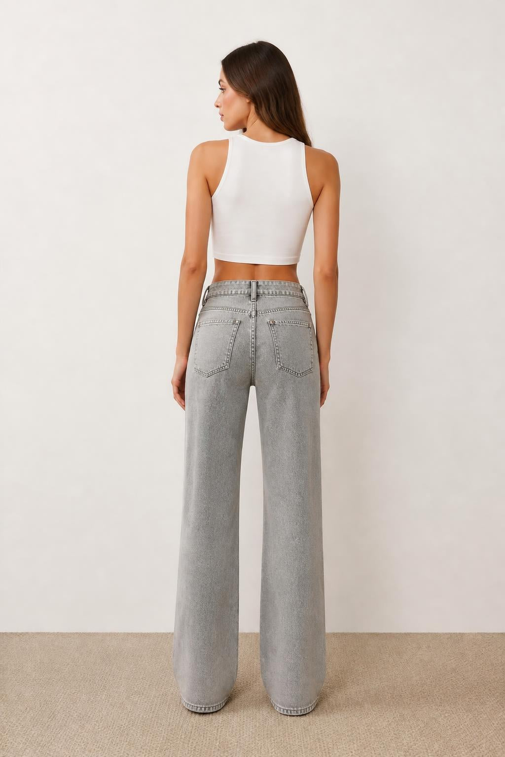 Sophia | Grey Jeans Women, Y2K High-Waisted Washed Wide Leg - back view