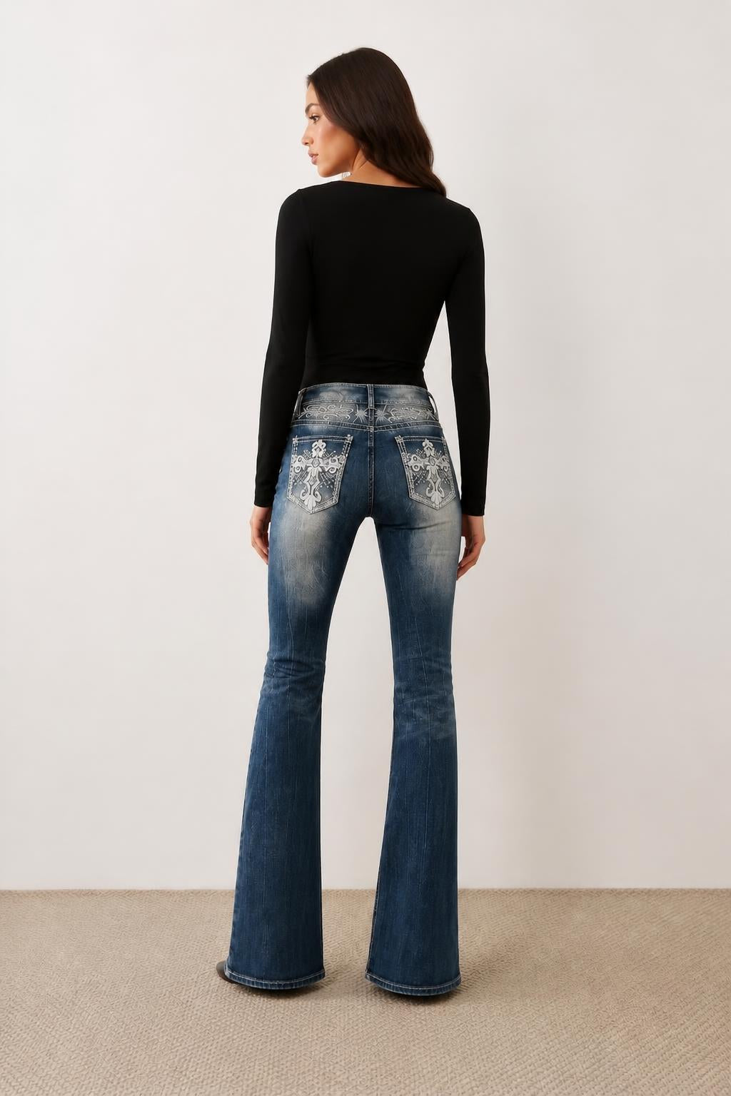 Olivia | Low Rise Bootcut Jeans, Y2K Embroidered Denim for Women - back view