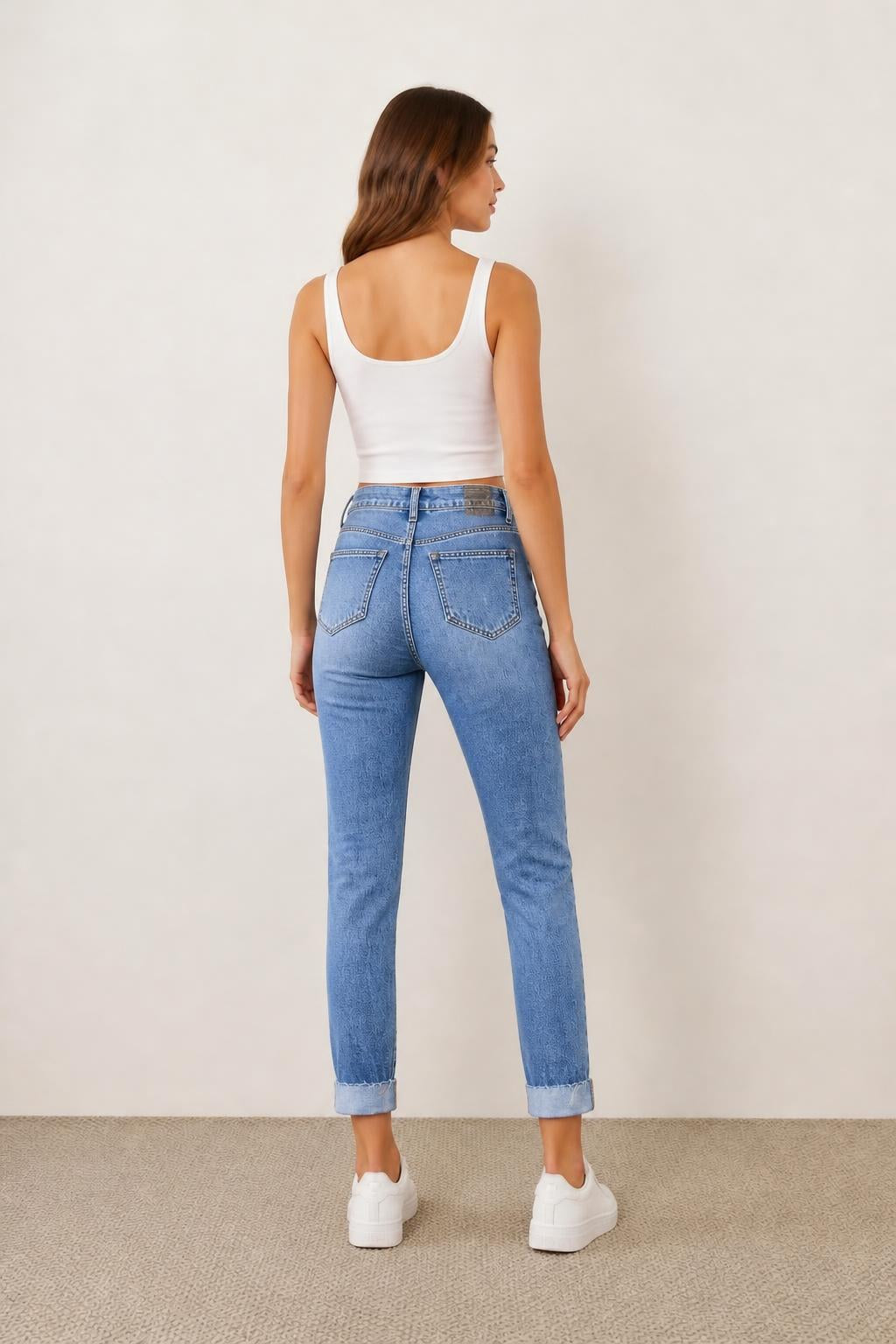 Amelia | Tummy Control Jeans, High-Waisted Cropped Stretch, Medium Blue - back view
