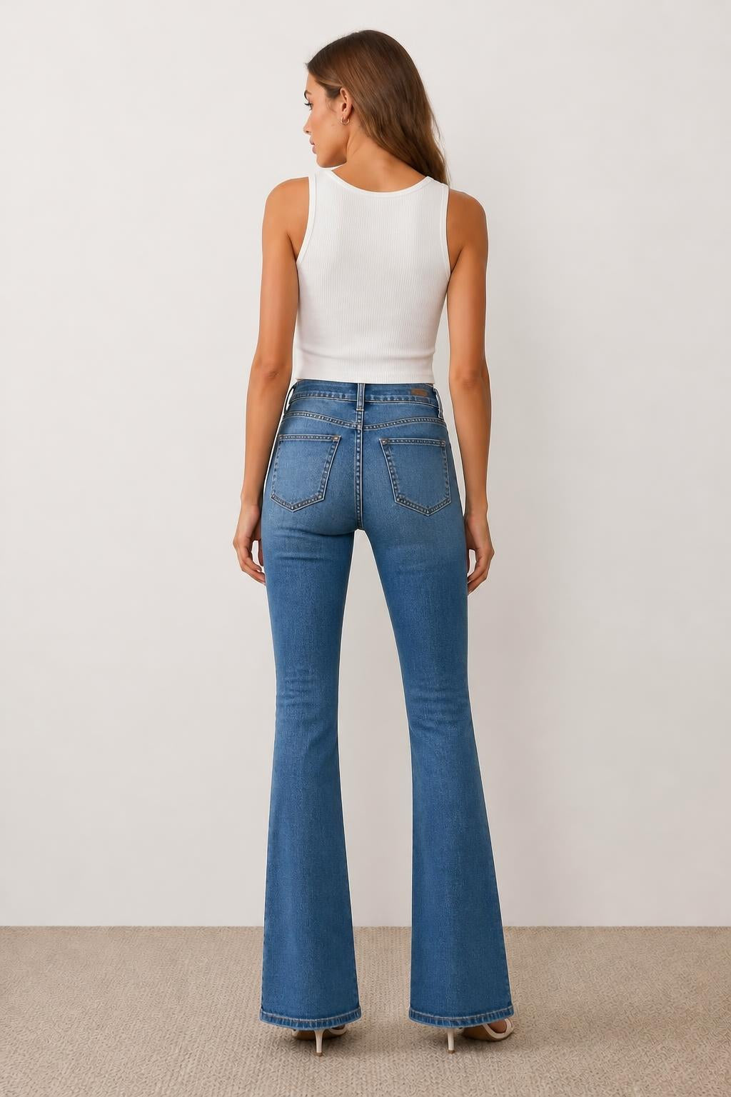 Mia | High Waisted Blue Jeans, Medium Blue Stretch with Double Buttons - back view