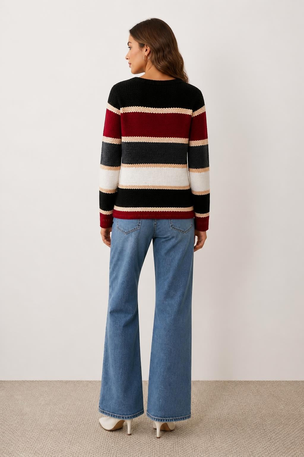 Isabella | Chunky Knit Sweater, Retro Colorblock Striped - back view