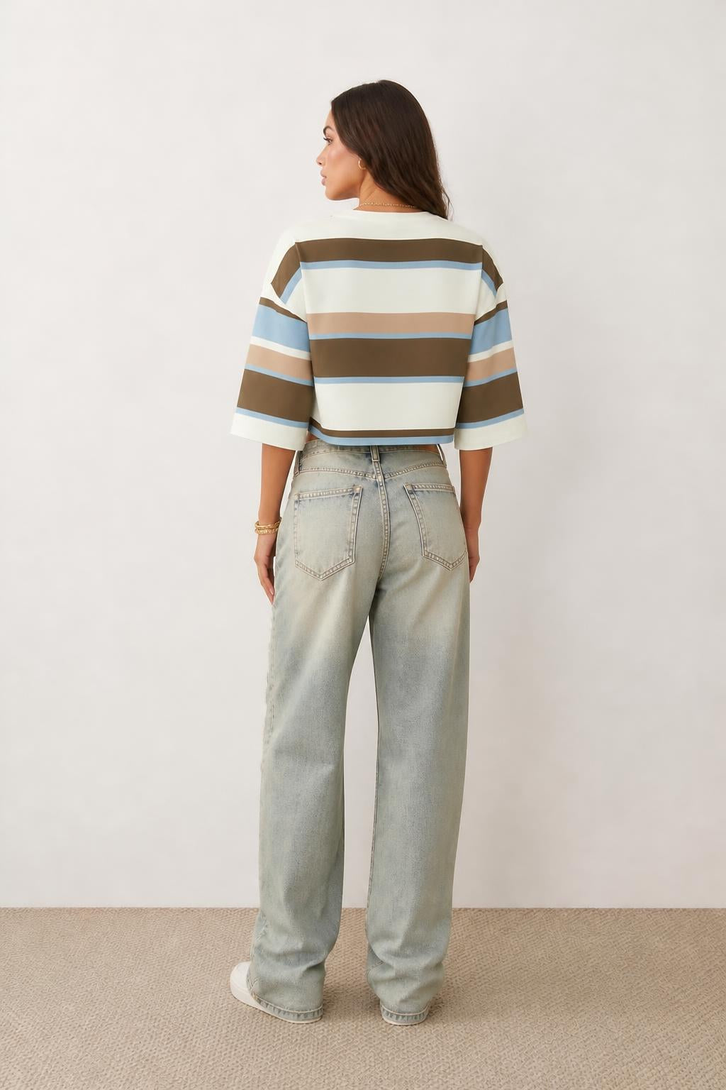 Mia | Cropped T Shirt, Striped Earth-Tone Color-Block Print - back view