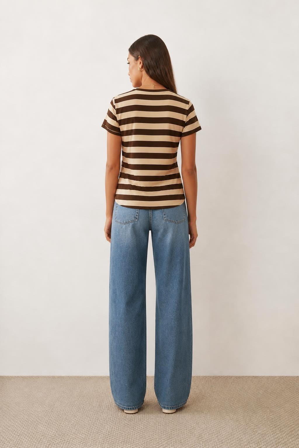 Emma | Ladies Striped Shirt, Brown Short-Sleeve T-Shirt - back view