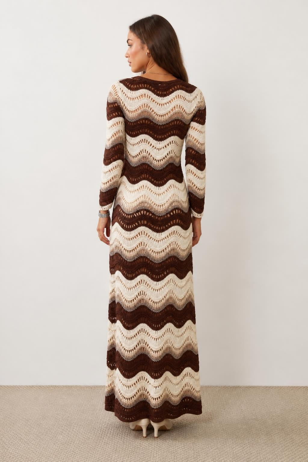 Mia | Knit Top, Vintage Wave Print Hollow-Knit Long Sleeve - back view