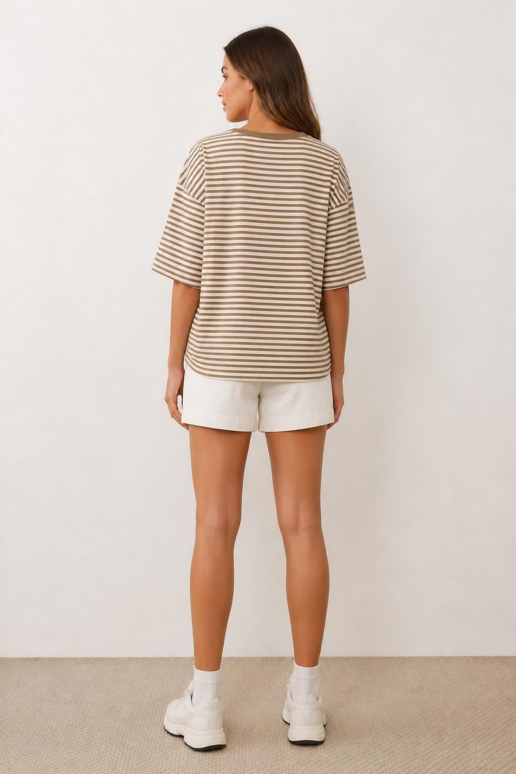Eliana | Striped T Shirt, Women's Brown Round-Neck Relaxed Sporty Fit - back view