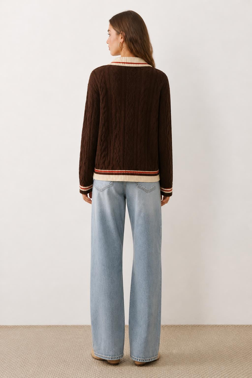 Olivia | Cardigan Sweater Women, Barcode Print Retro Jacquard Knit - back view