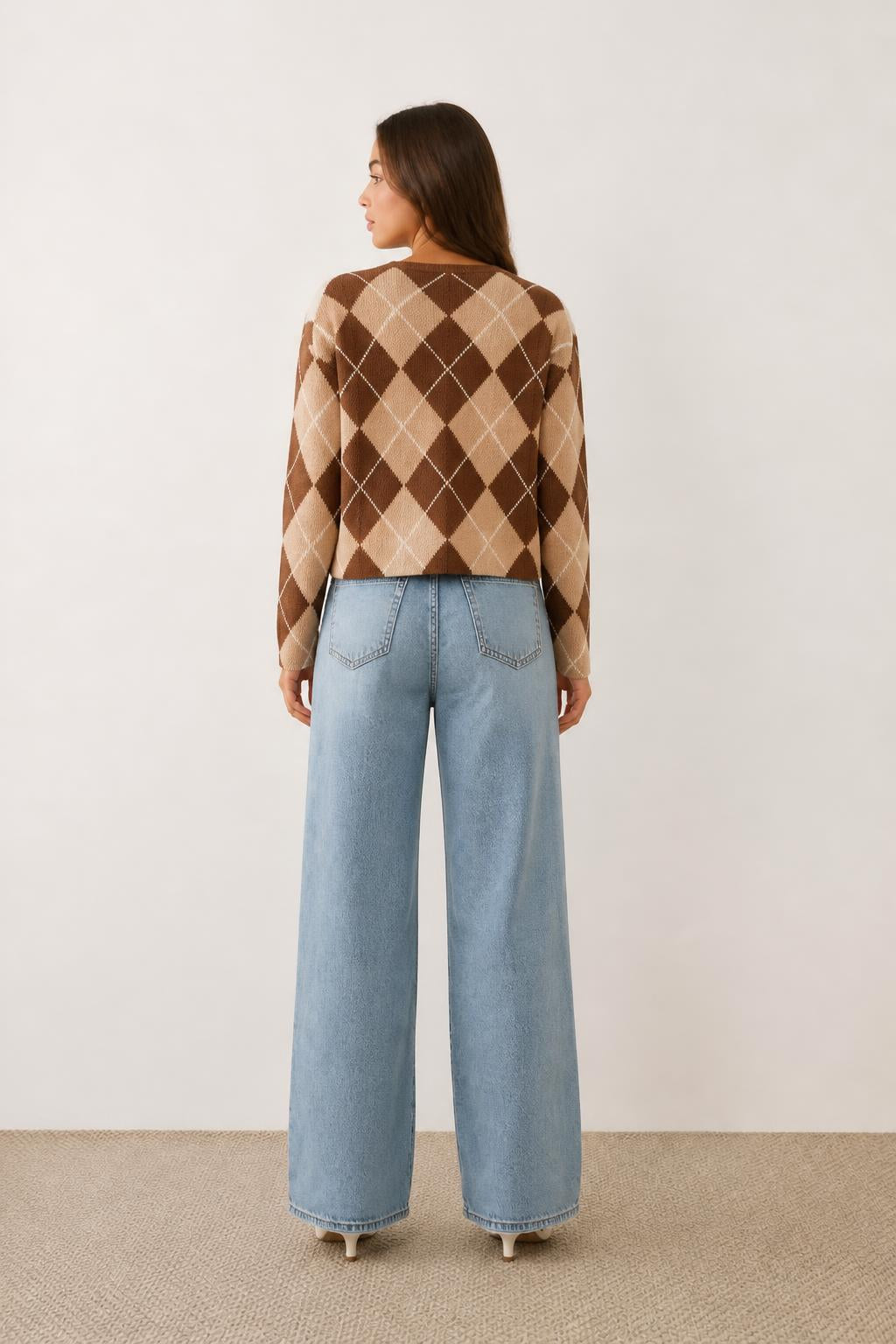 Sophia | Long Sleeve Shirts Women, Brown Argyle Crewneck Top - back view