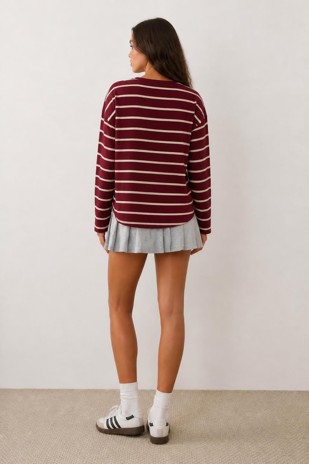 Mia | Long Sleeve Striped Tee, Multicolored Crewneck T-Shirt - back view