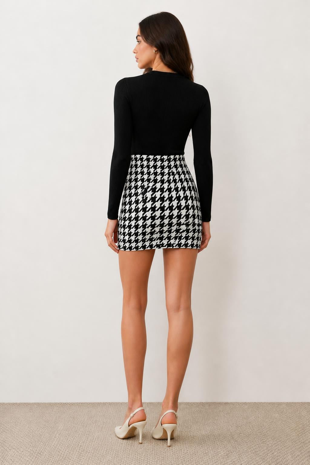 Olivia | Knee Length Skirt, Elegant with Subtle Houndstooth - back view