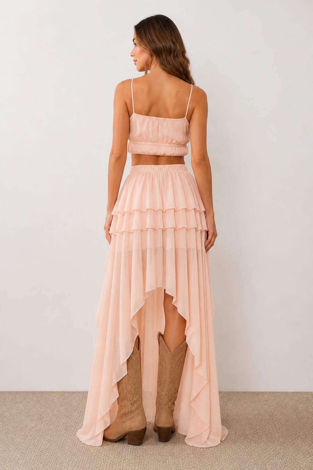 Sofia | Asymmetrical Skirt, Elegant Layered Chiffon Ruffle Maxi - back view