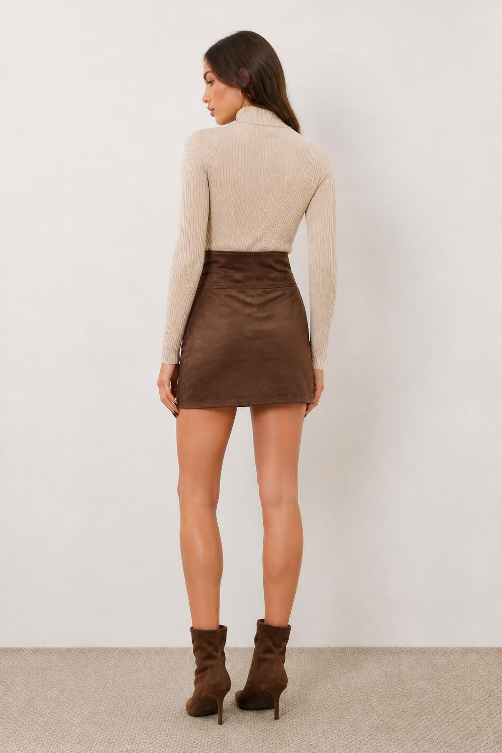 Charlotte | Faux Leather Mini Skirt, High-Waist in Chocolate Brown - back view