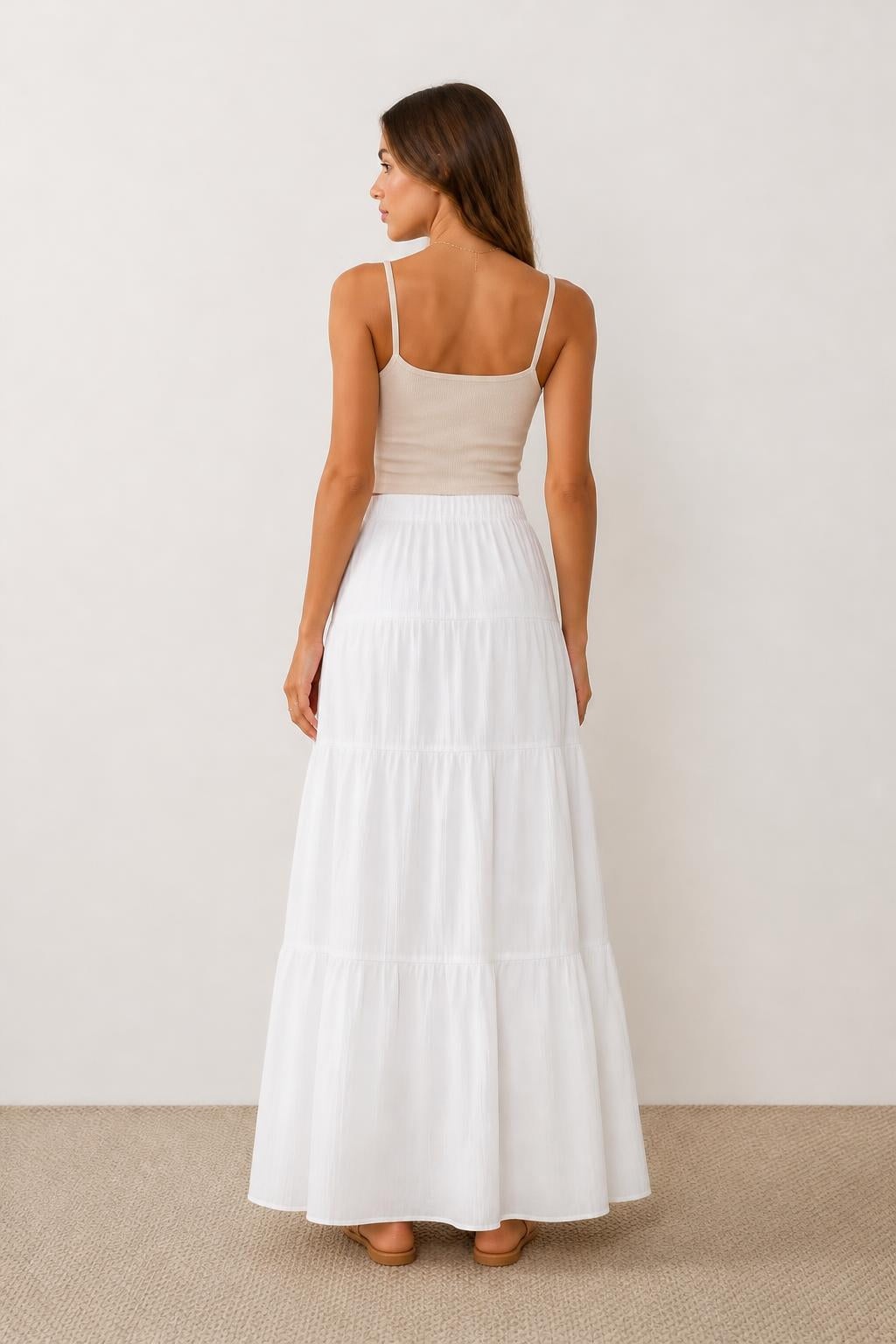 Sophia | Long Skirt, Solid High-Waisted with Tie Waist and Ruffle Hem - back view
