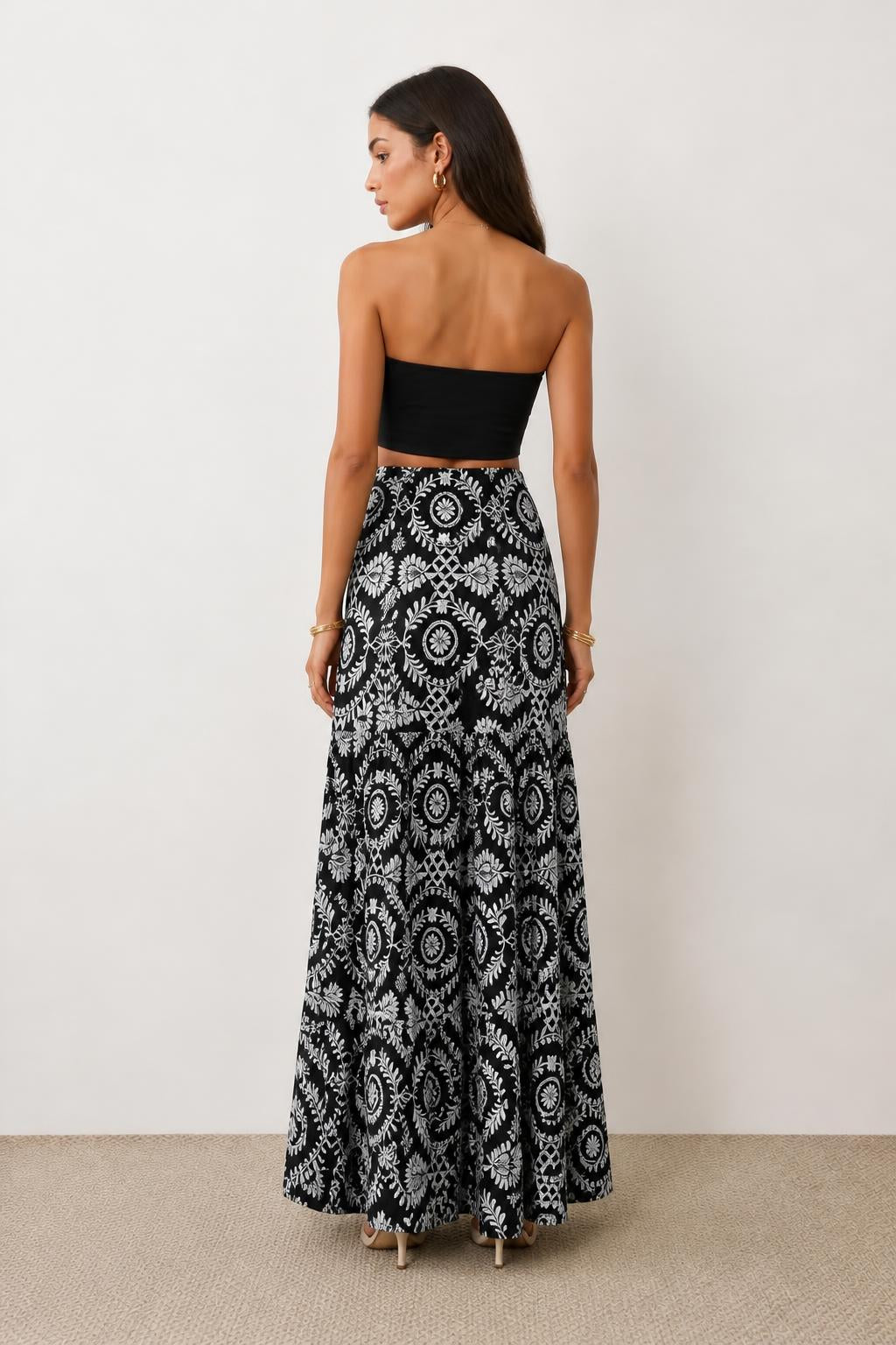Isabella | Boho Maxi Skirt, Vintage Printed High-Waist Design - back view