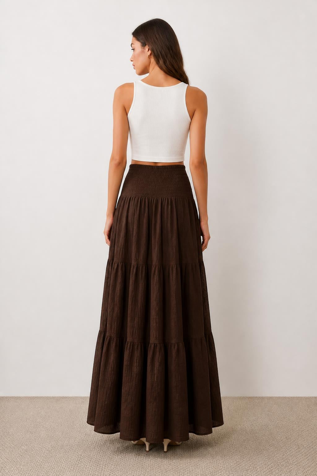 Evelyn | Pleated Maxi Skirt, Bohemian with High Smocked Waist - back view