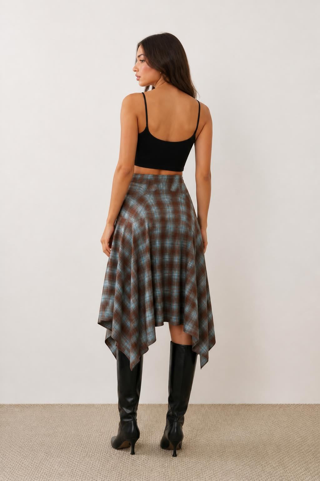 Amelia | Plaid Midi Skirt, Vintage Y2K High-Waist with Asymmetric Hem - back view