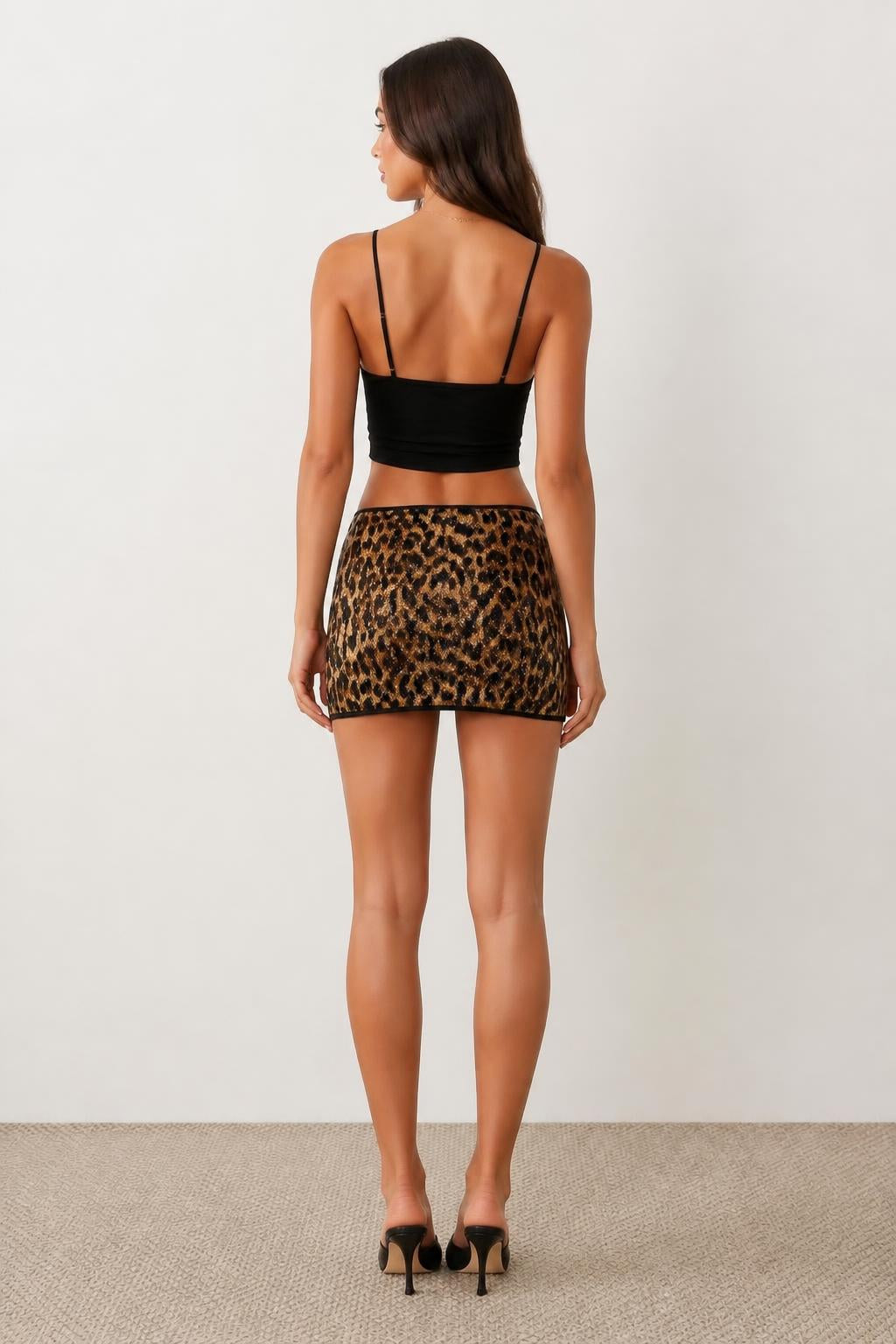 Mia | Sequin Mini Skirt, Low-Rise Leopard Design - back view