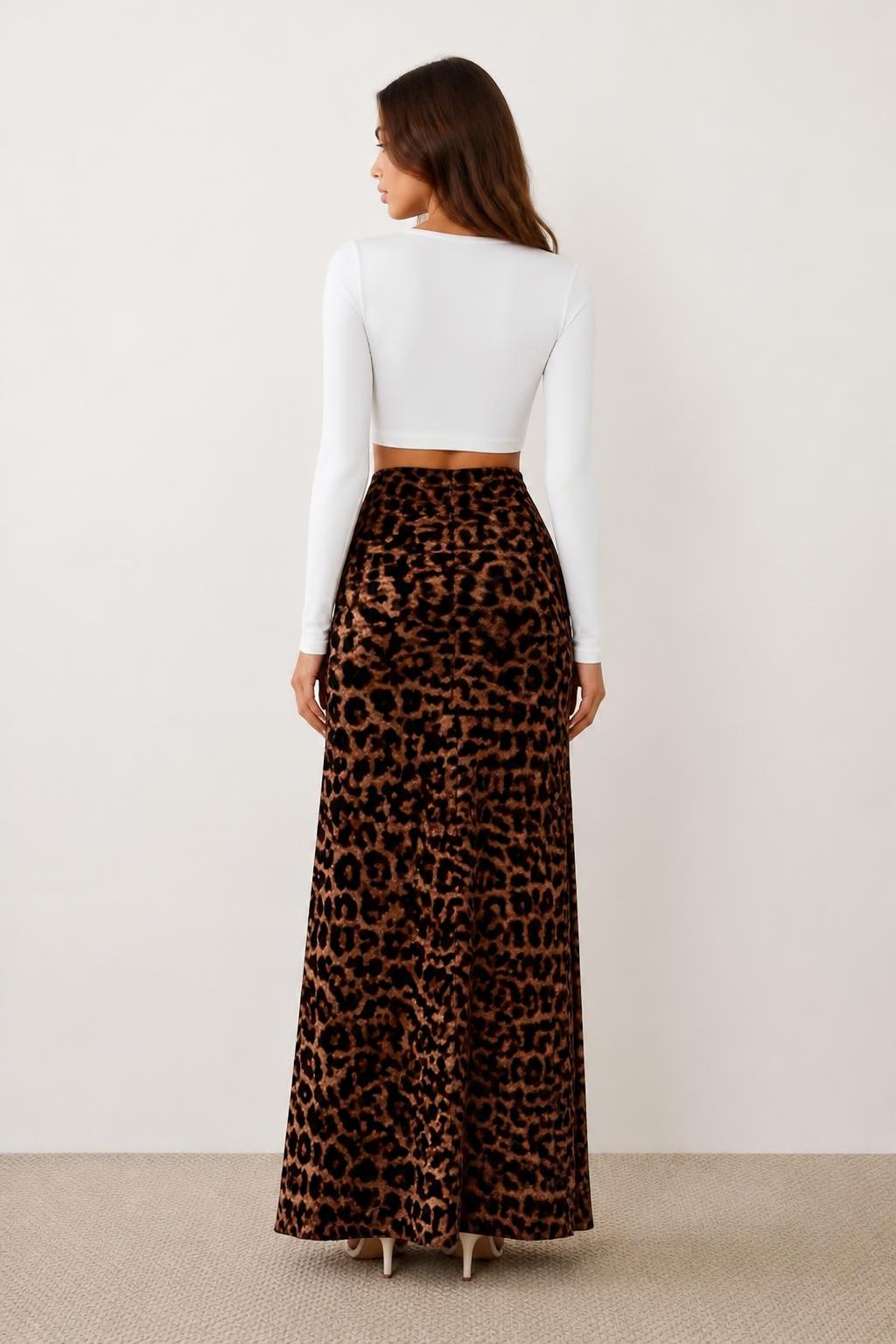 Olivia | Leopard Skirt, Western-Style Velvet High-Waist Ruched - back view