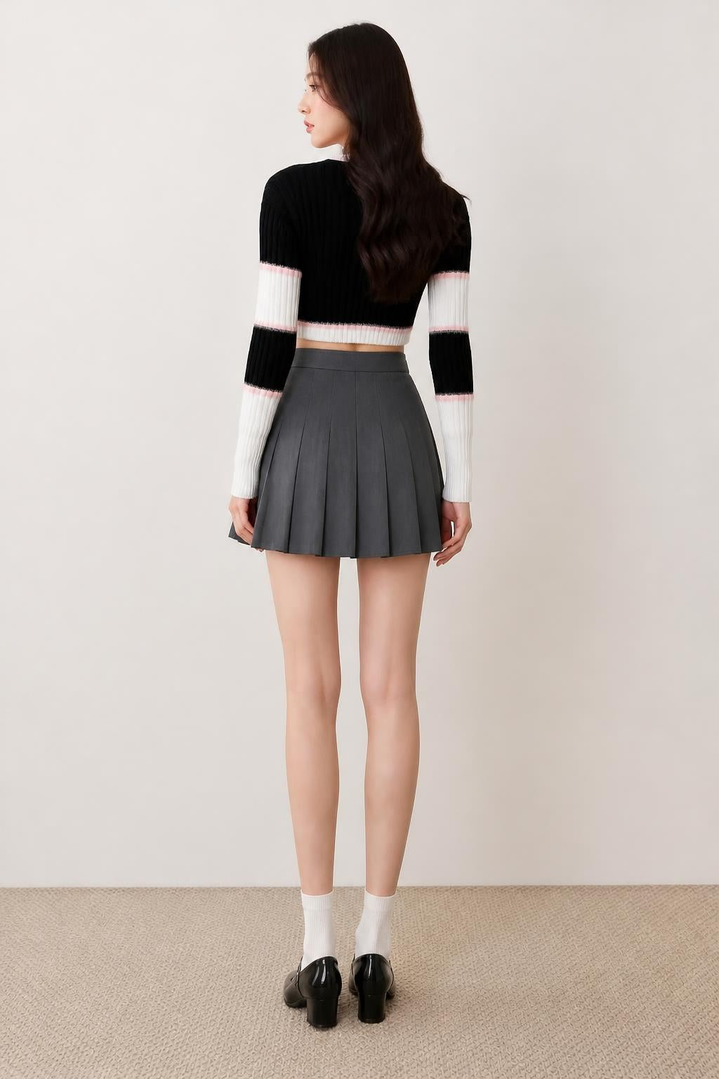 Evelyn | Gray Pleated Skirt, High-Waist A-Line (No Belt) - back view