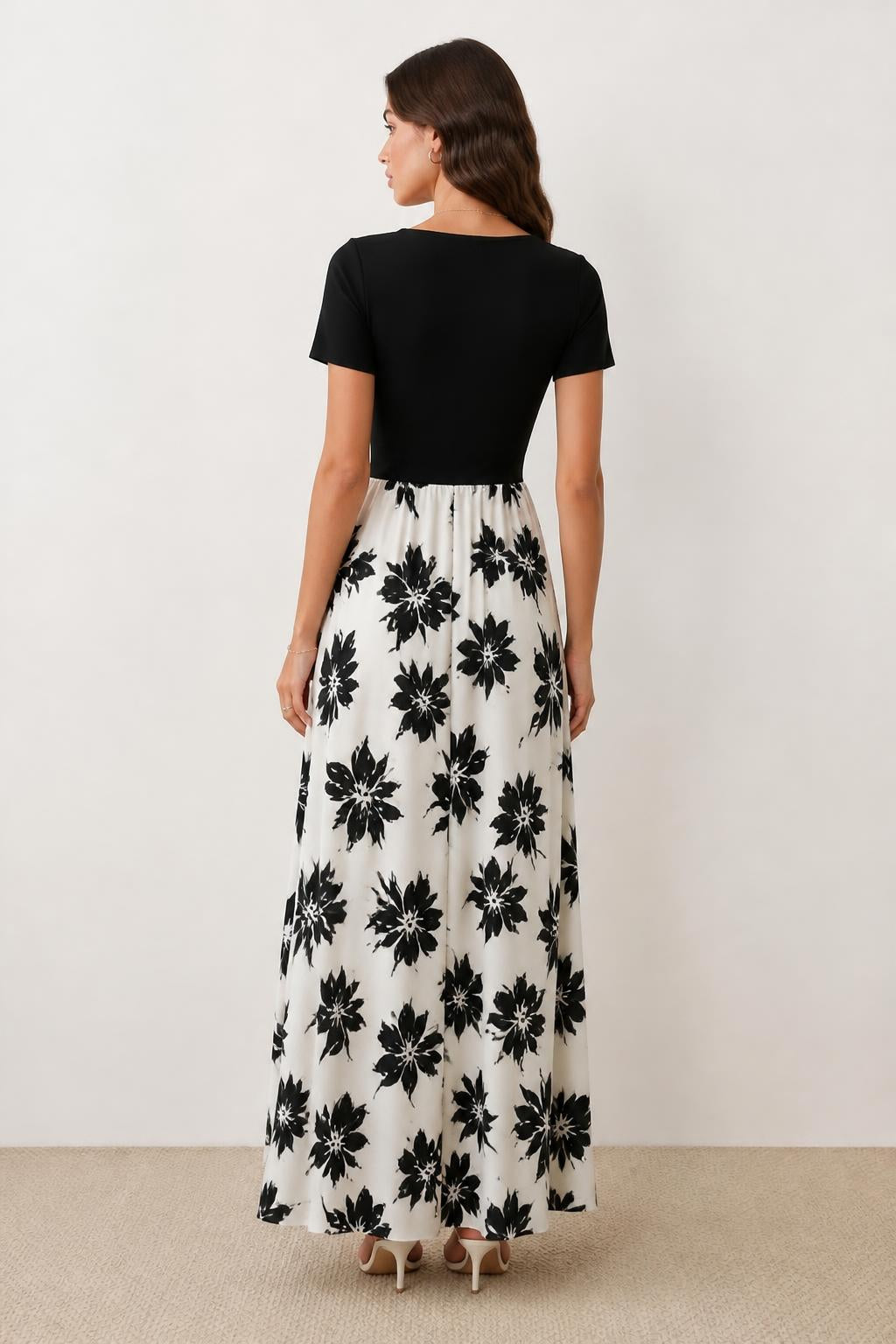 Olivia | Square Neck Dress, Wavy Maxi with Waist Tie - back view