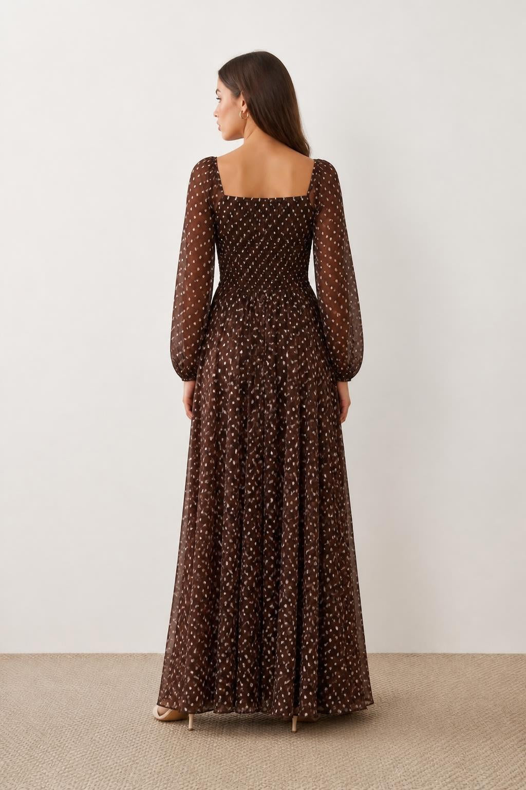Charlotte | Polka Dot Maxi Dress, Retro Square Neck Style - back view
