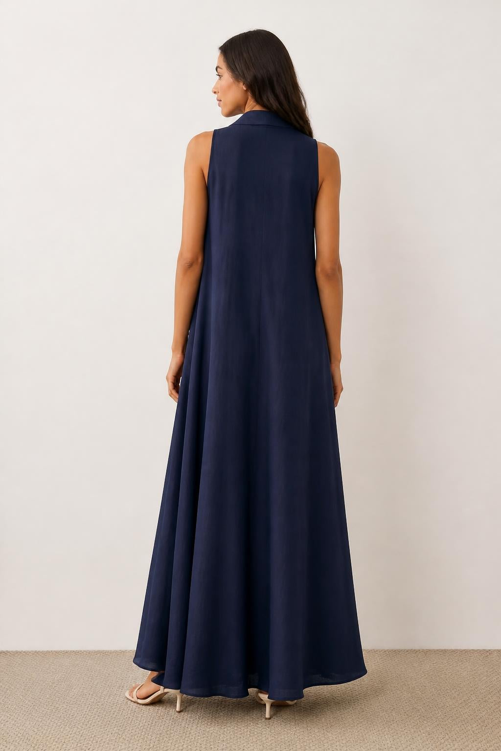 Amelia | Long Sleeveless Maxi Dress, Vintage S-Neck Loose Fit - back view