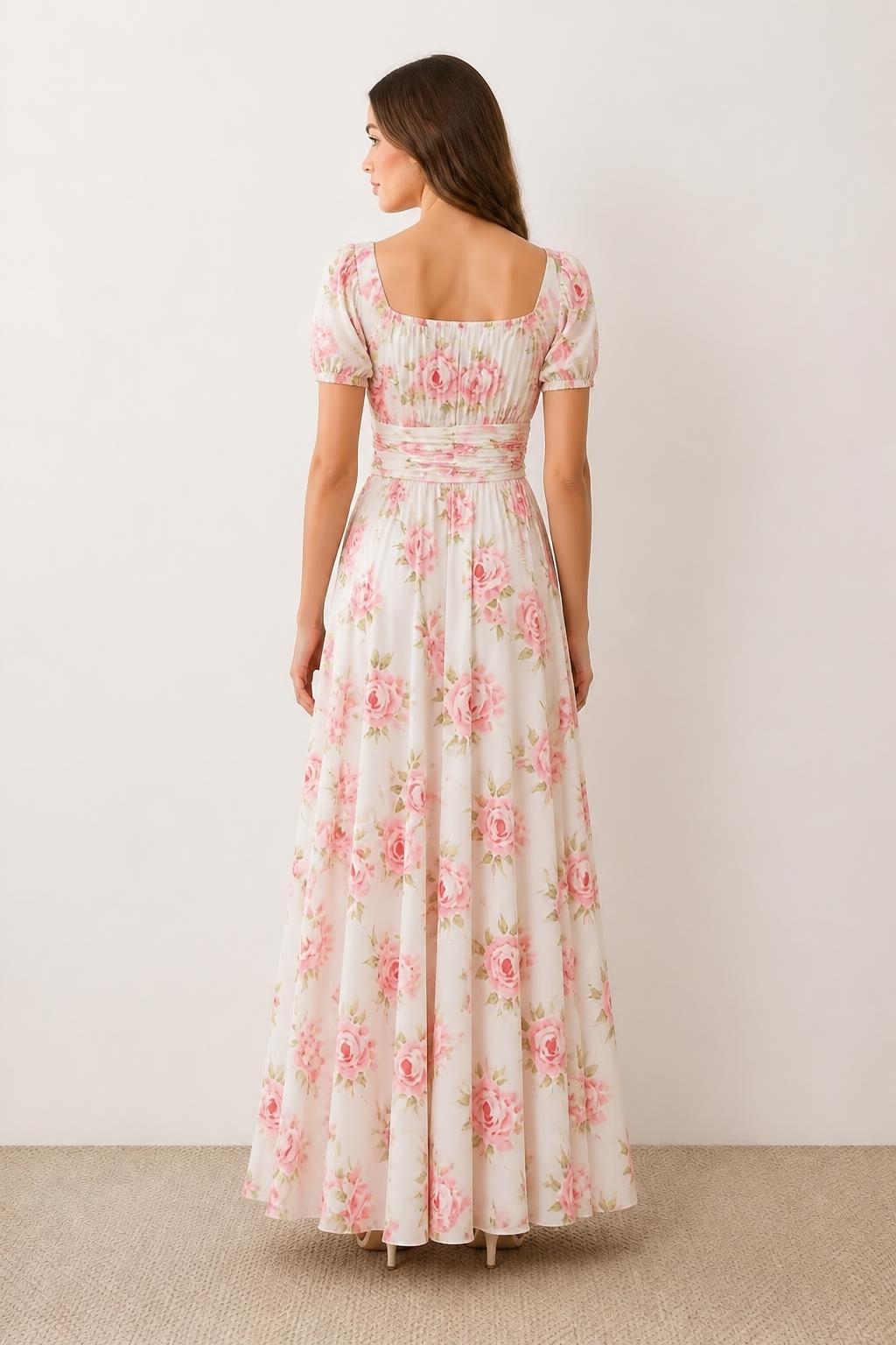 Sofia | Puff Sleeve Dress, Romantic Pink Rose - back view