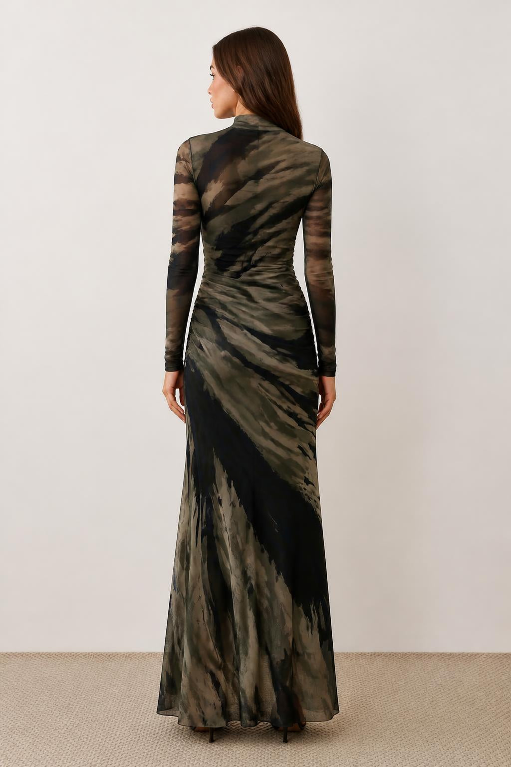 Eliana | Ombre Dress, Mesh Gradient Long-Sleeve Ruched Maxi - back view