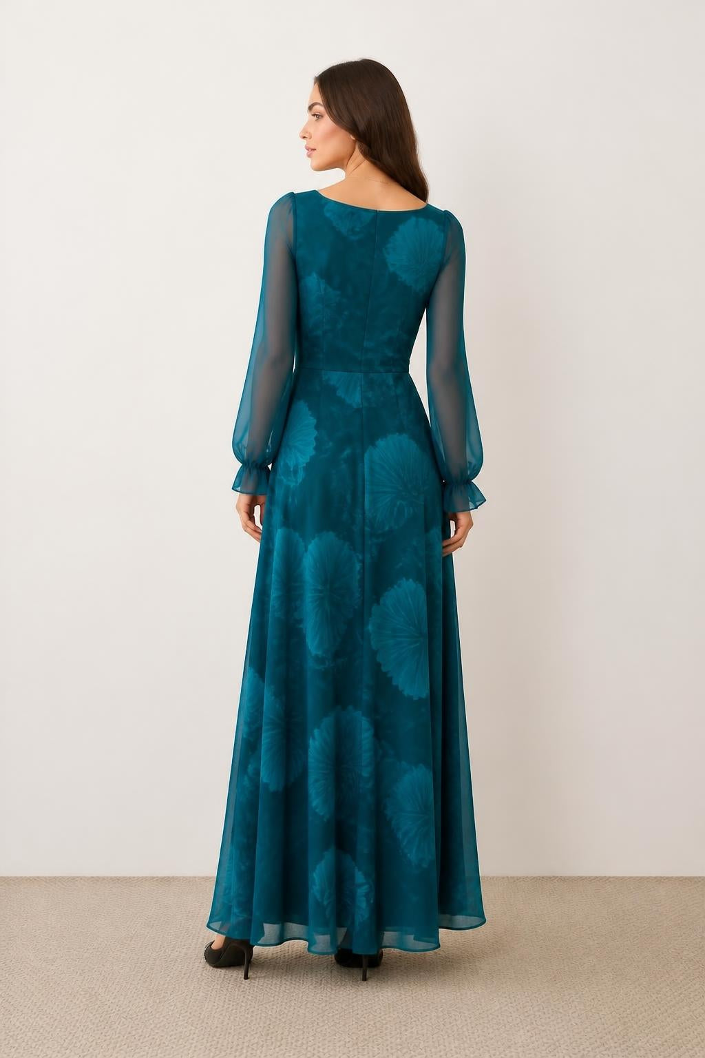 Olivia | Flare Dress, Long-Sleeve Printed for Spring/Autumn - back view