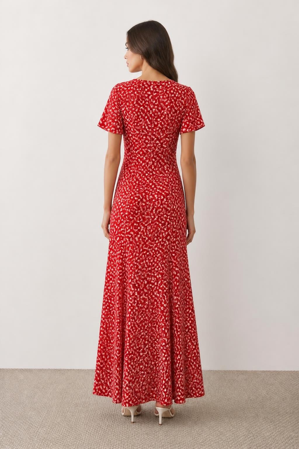 Amelia | Red Floral Dress, V-Neck - back view