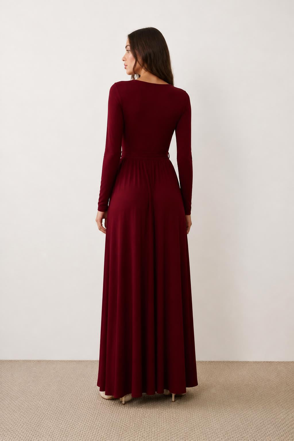Evelyn | High Neck Dress, Long with Long Sleeves and Waist Tie - back view