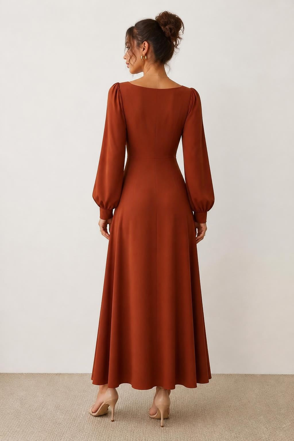 Charlotte | Cinched Waist Dress, Long Square-Neck with Puff Sleeves - back view