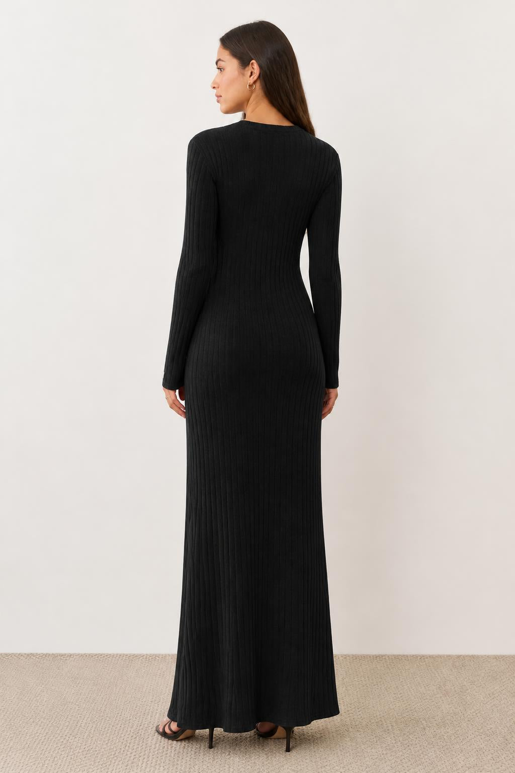 Emma | Long Sleeve Casual Dress, Long Ribbed Round-Neck Loose Fit - back view