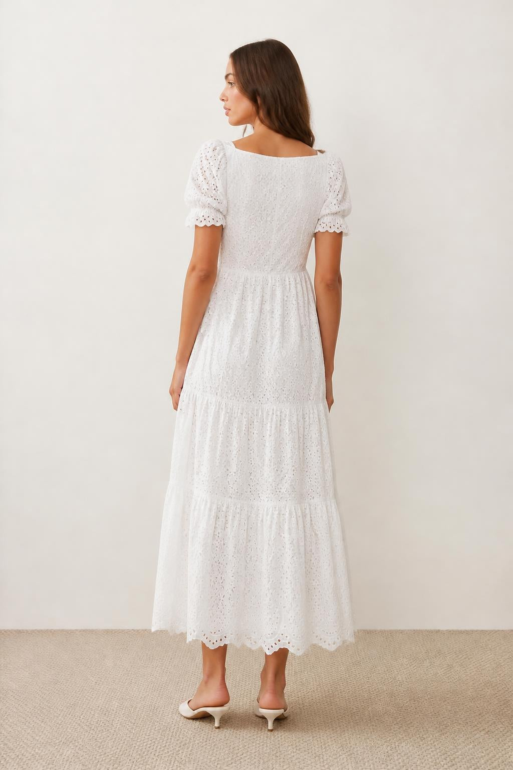 Amelia | White Maxi Dress, V-Neck Embroidered - back view
