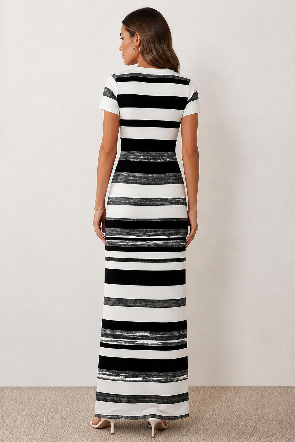 Evelyn | Short Sleeve Midi Dress, Horizontal Striped Round-Neck - back view
