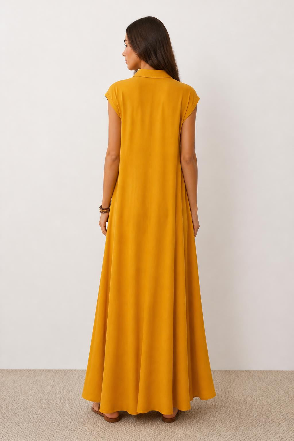 Eliana | Boho Maxi Dress, Retro Sleeveless A-Line with Buttons - back view