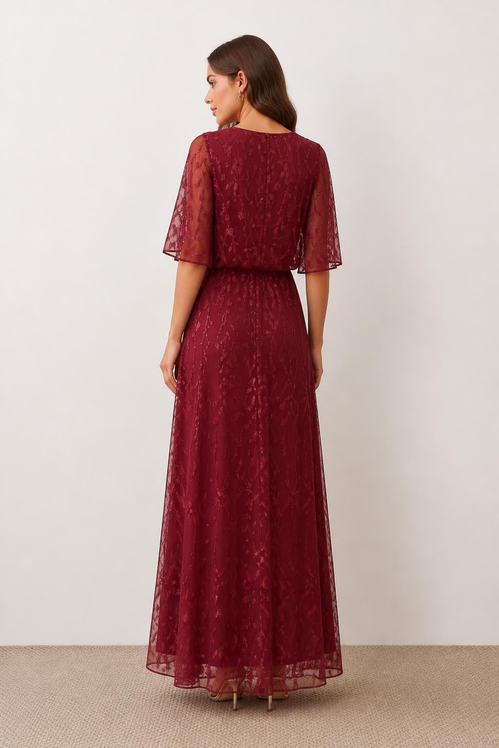 Olivia | Sequin Maxi Dress, Embroidered Mesh with Ruffle Sleeves - back view