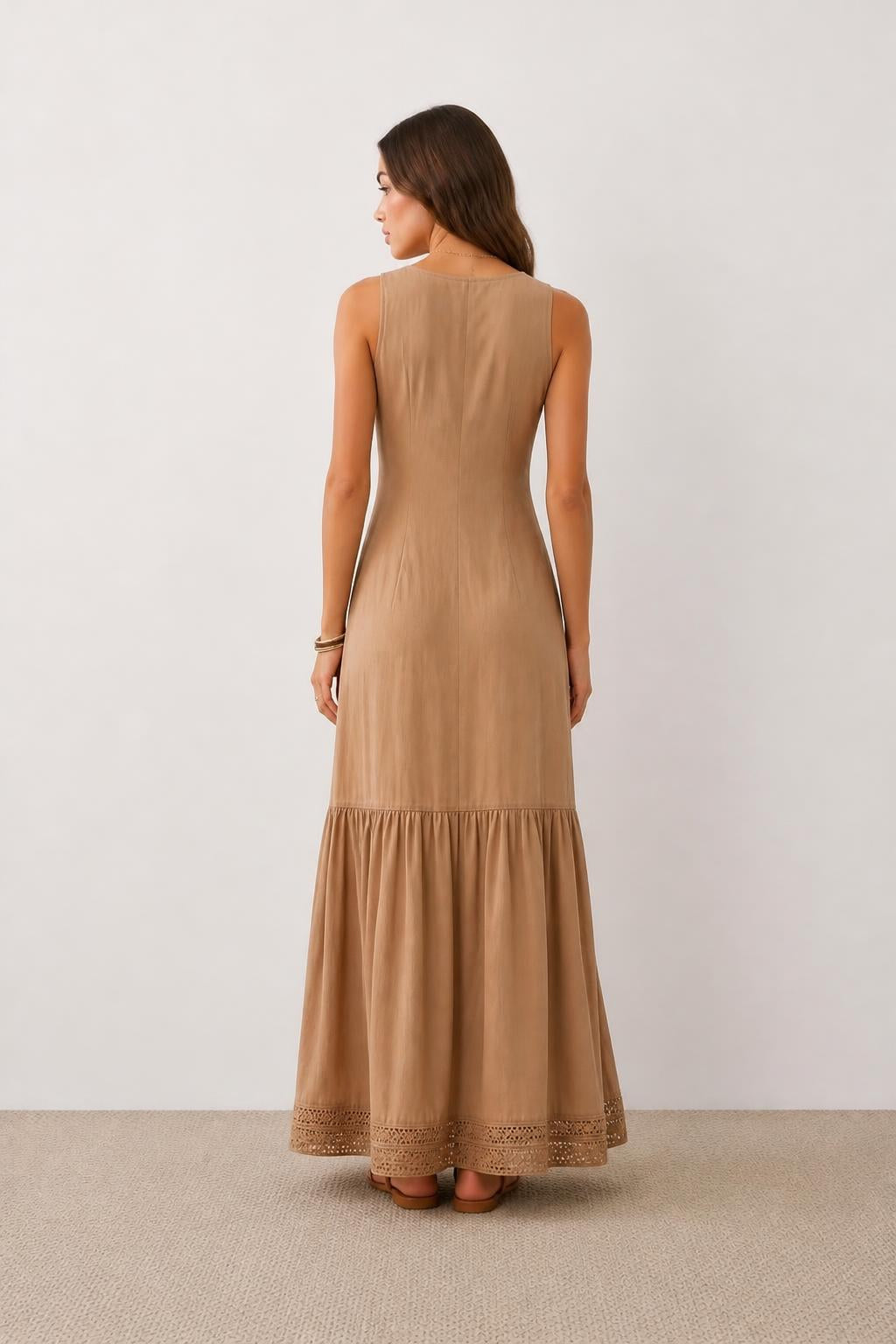 Charlotte | Button Down Dress, Classic Khaki Sleeveless Maxi - back view