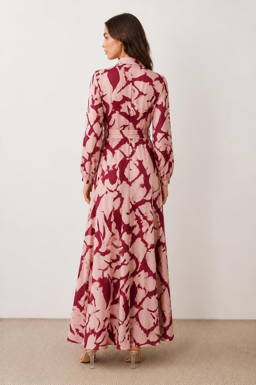 Sophia | Long Sleeve Dress, Printed Maxi with Stand Collar - back view