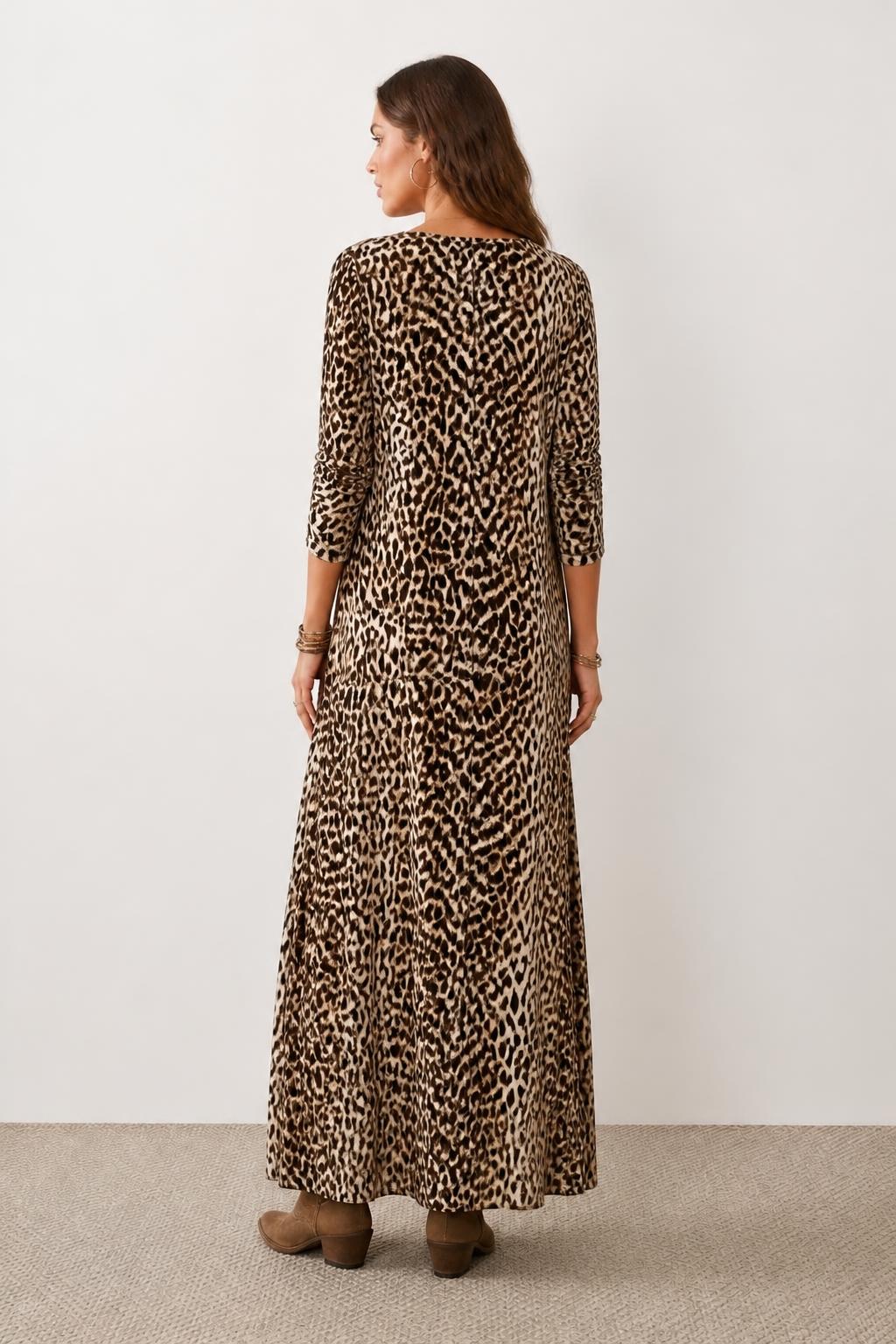 Mia | Leopard Print Dress, V-Neck Long-Sleeve Maxi - back view