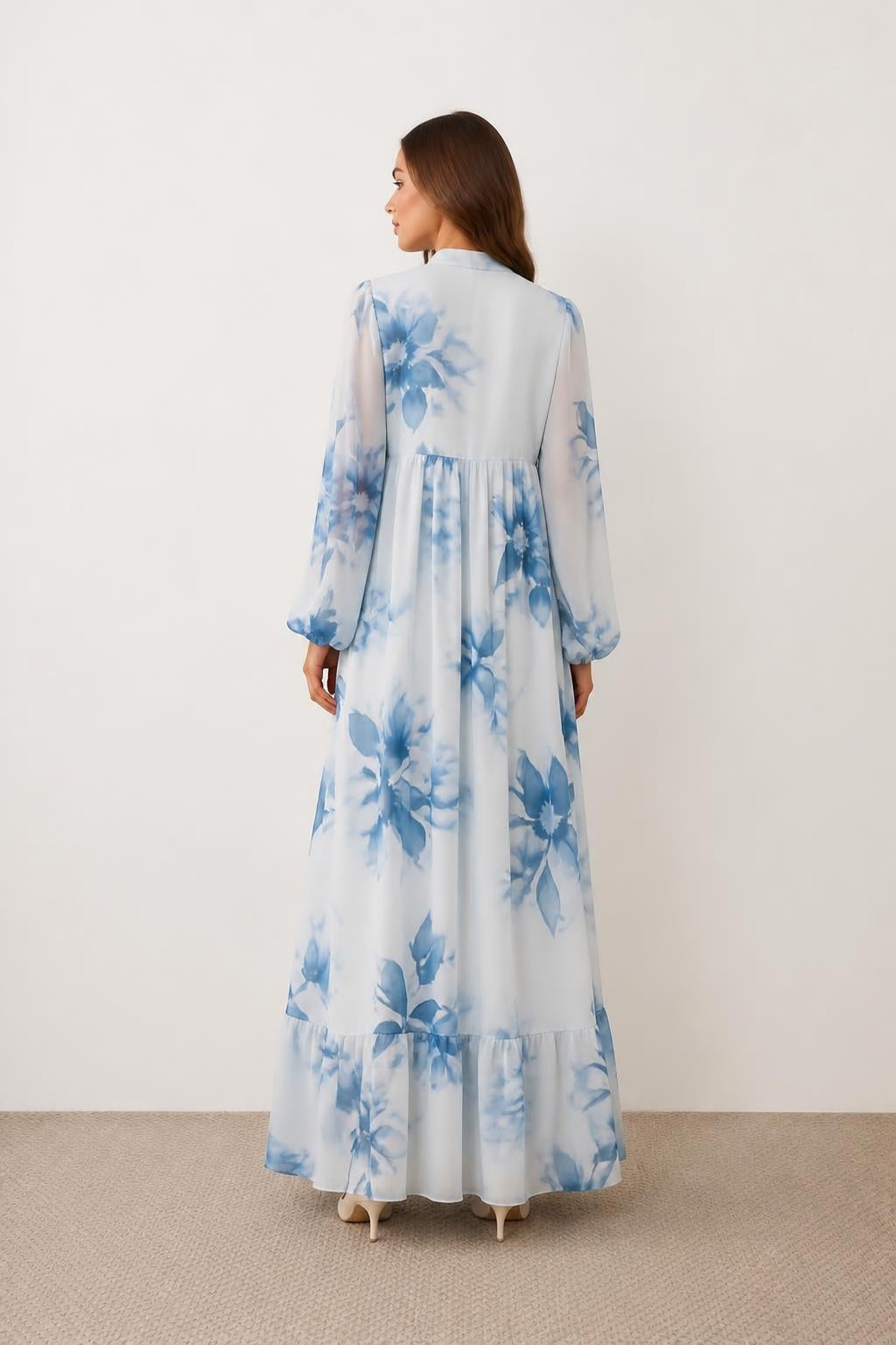 Evelyn | A Line Maxi Dress, Floral with Waist Tie and Lantern Sleeves - back view