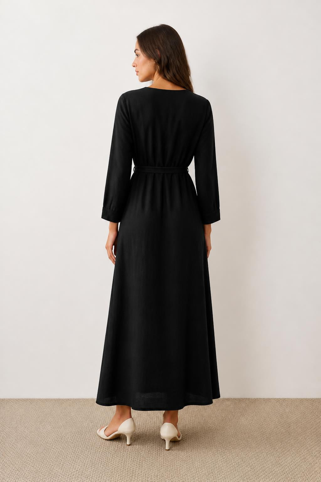 Sofia | Linen Maxi Dress, V-Neck with Front Buttons and Belt - back view