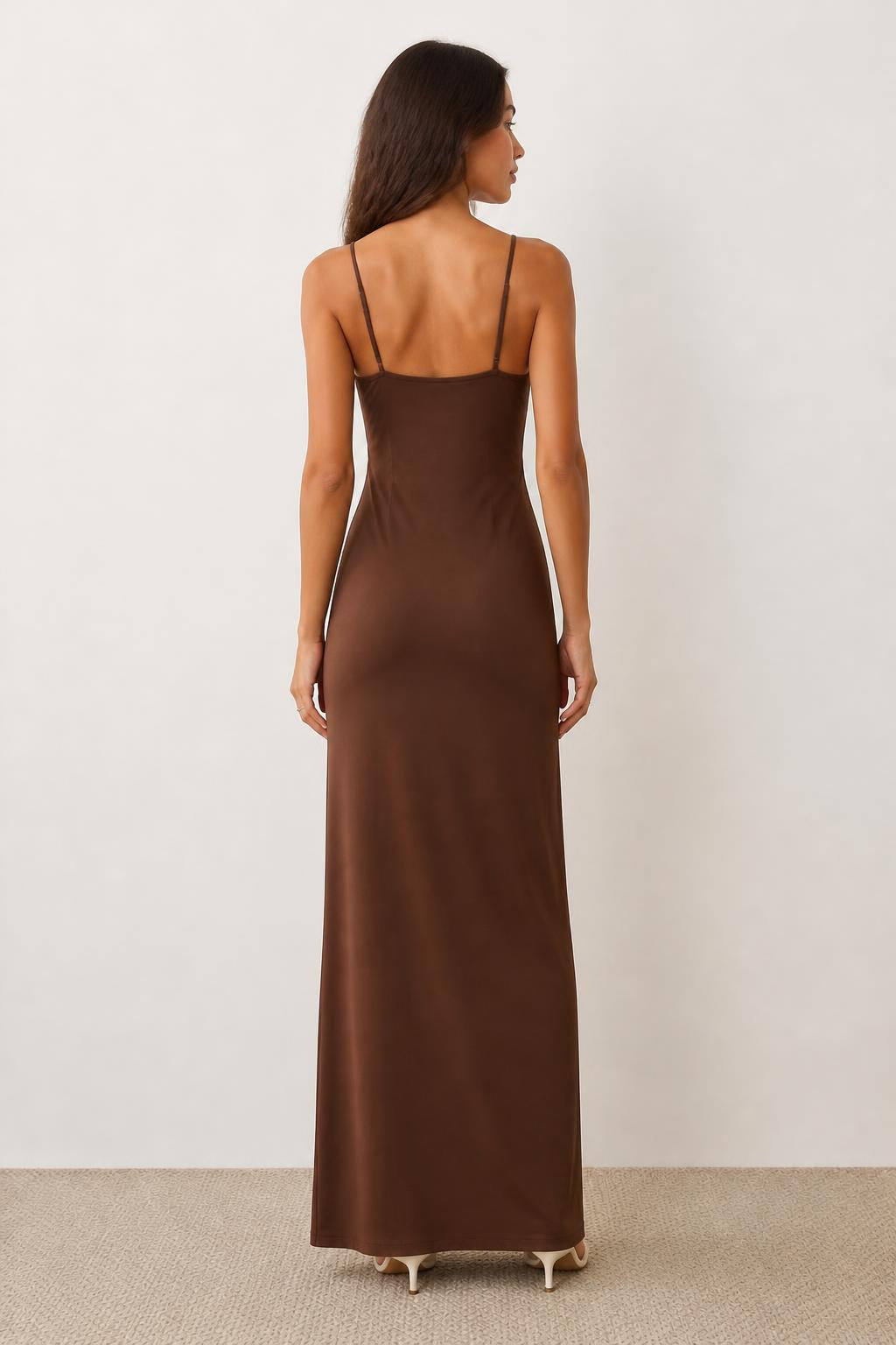 Amelia | Bodycon Dress, Solid V-Neck Maxi - back view