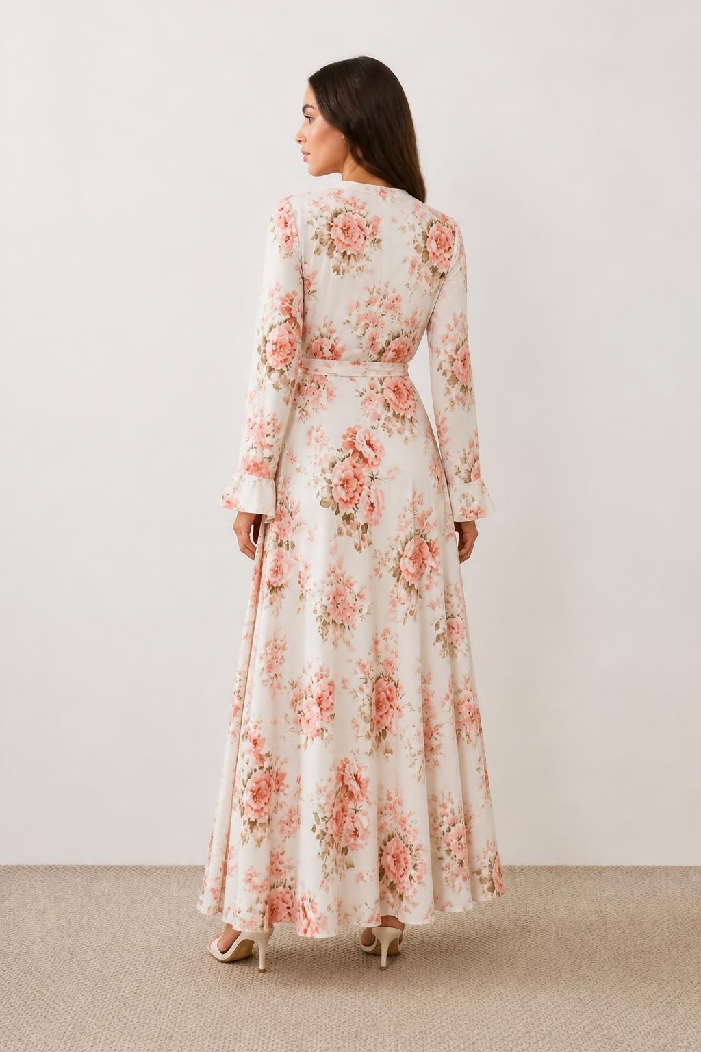 Mia | Spring Maxi Dress, Flared Tie Sleeves and Rose Print - back view