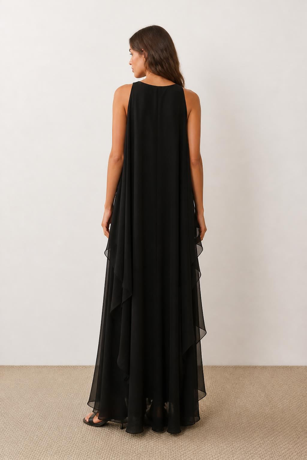 Isabella | Chiffon Maxi Dress, Sleeveless Asymmetric Cut - back view