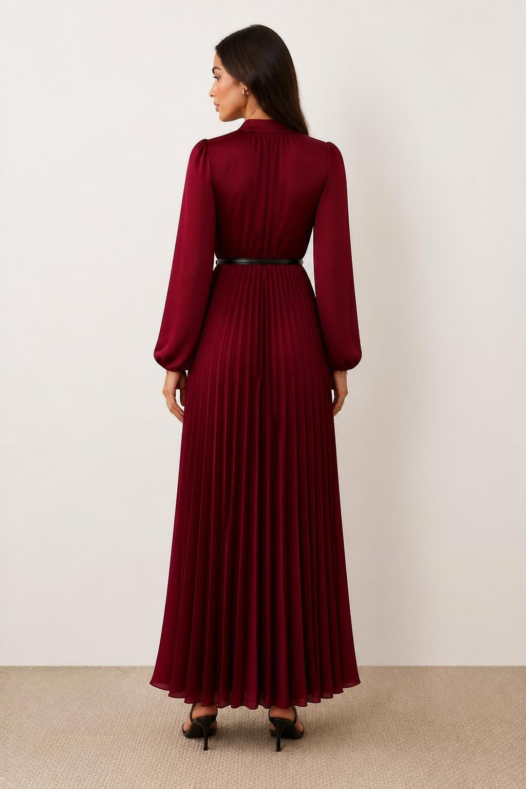 Olivia | Pleated Maxi Dress, Long Lantern Sleeves - back view