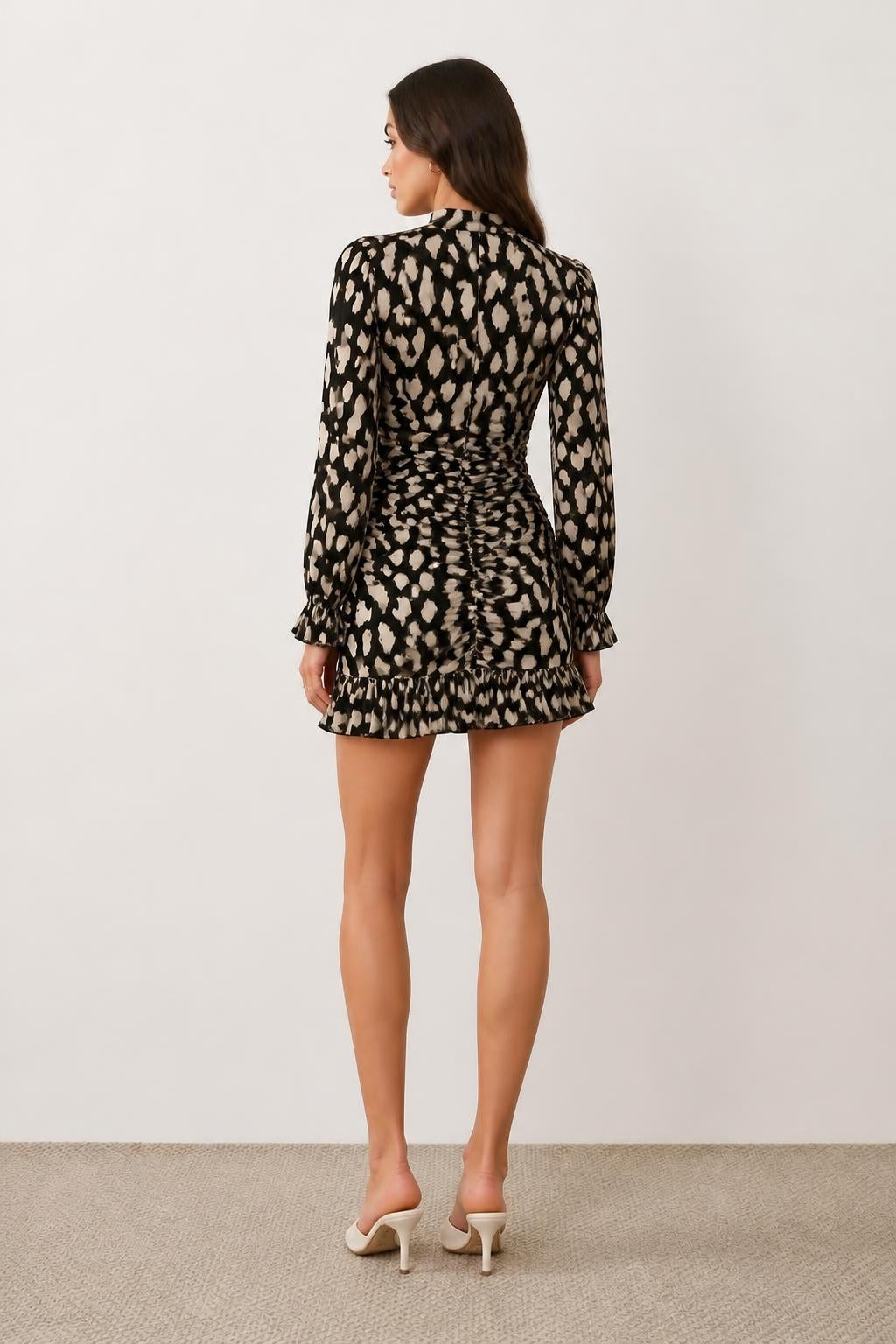 Amelia | Animal Print Dress, Black and White Leopard High-Neck Bodycon - back view