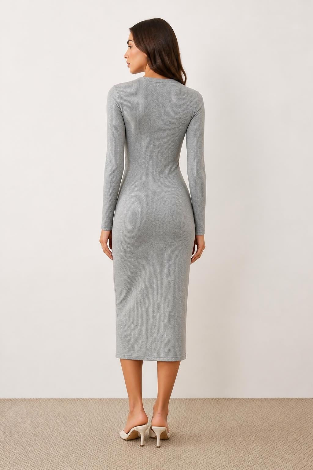 Evelyn | Long Sleeve Midi Dress, Square-Neck Fitted - back view