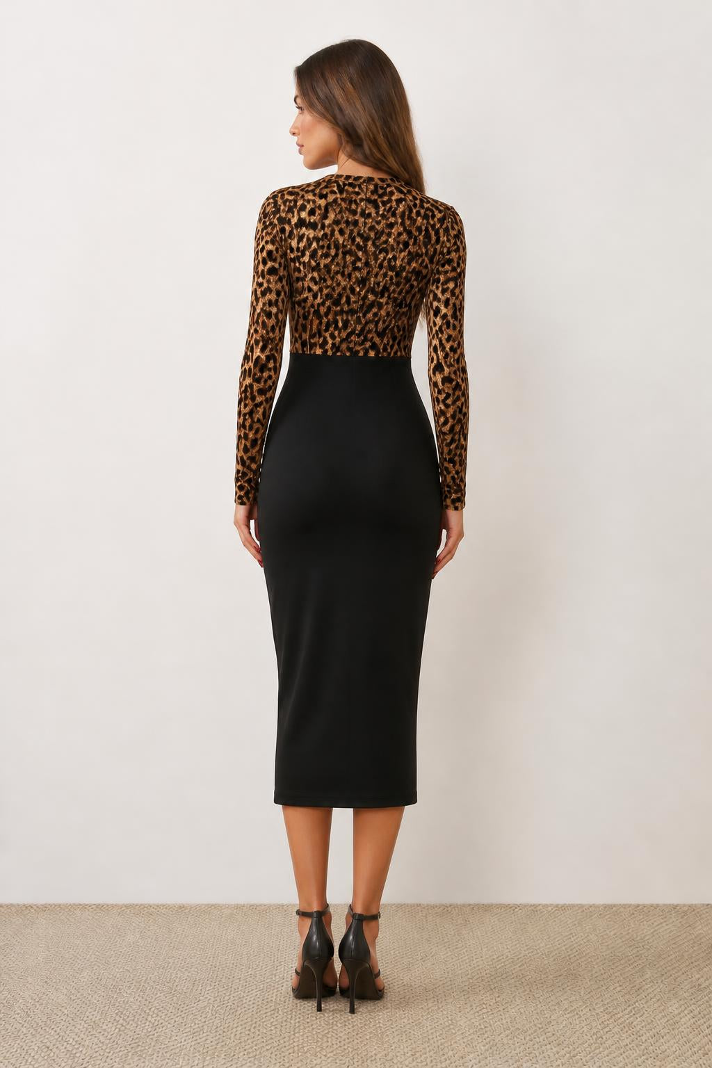 Amelia | Leopard Print Dress, Cross-Neck Bodycon Midi - back view