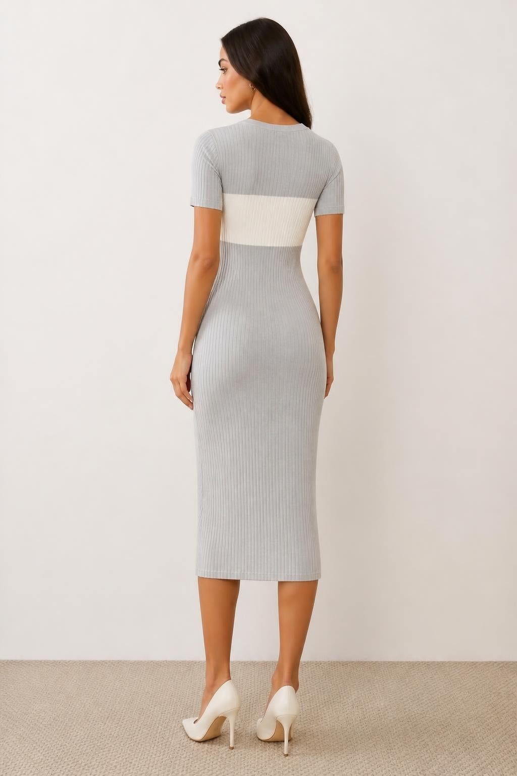 Mia | Bodycon Midi Dress, Ribbed with Round Neck - back view