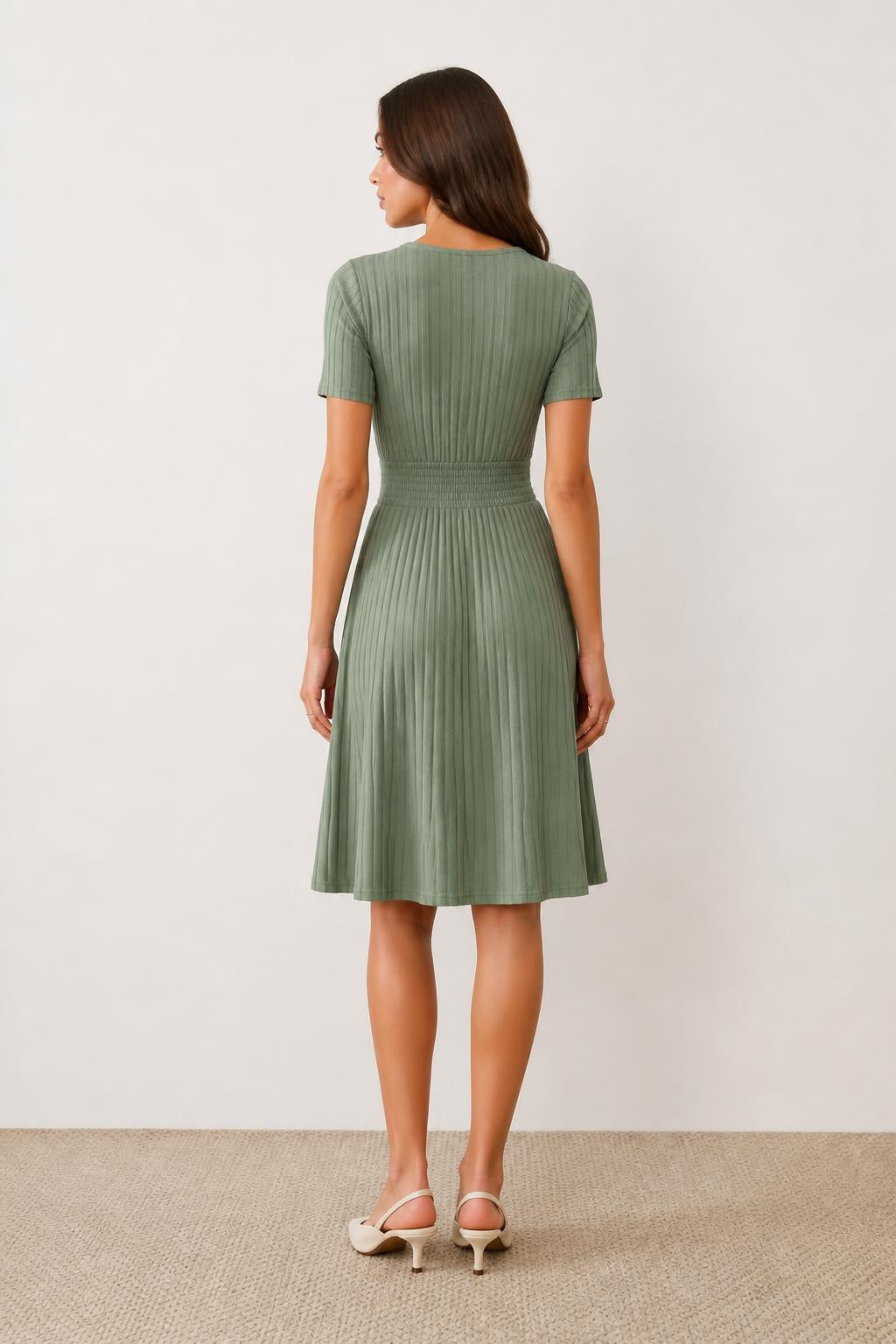 Sofia | A Line Dress, Casual Solid Ribbed with Waist Tie - back view